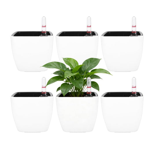 SIBAO 6 Pcs Self Watering Pots with Water Level Indicator, 5 inch Plastic Decorative Planter Nested Container for Indoor/Outdoor Plants,Seedlings,Flowers,Aloe(White)