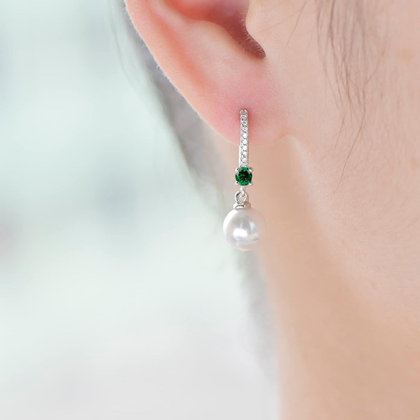 JO WISDOM Pearl Earrings,925 Sterling Silver 8mm Pearl Leverback Drop Earrings with 3A CZ May Birthstone Emerald Color,Wedding Earrings