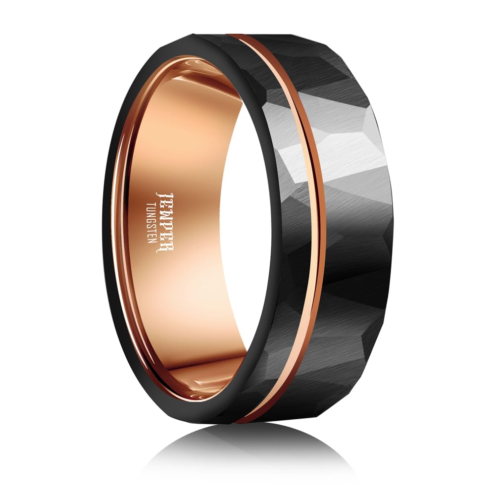JEWPER 8mm Men Womens Wedding Band Tungsten Rings Black rose gold Fashion Promise Carbide Hammered groove design on outer ring Matte Finish Edge Comfort Fit Size(6)