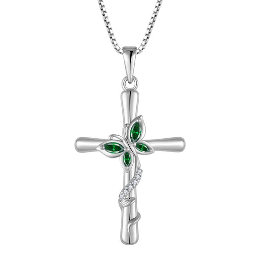 Blaniy Cross Necklace for Women 925 Sterling Silver Butterfly Necklace Emerald Pendant Necklaces May Birthstone Jewelry Gifts for Women