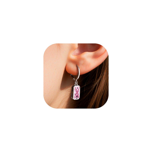 Bestyle Silver Pink Tourmaline Drop Earrings | Hypoallergenic Silver Huggie Hoop Leverback Earrings | Small Sparkle October Birthstone Dangle Earrings For Women