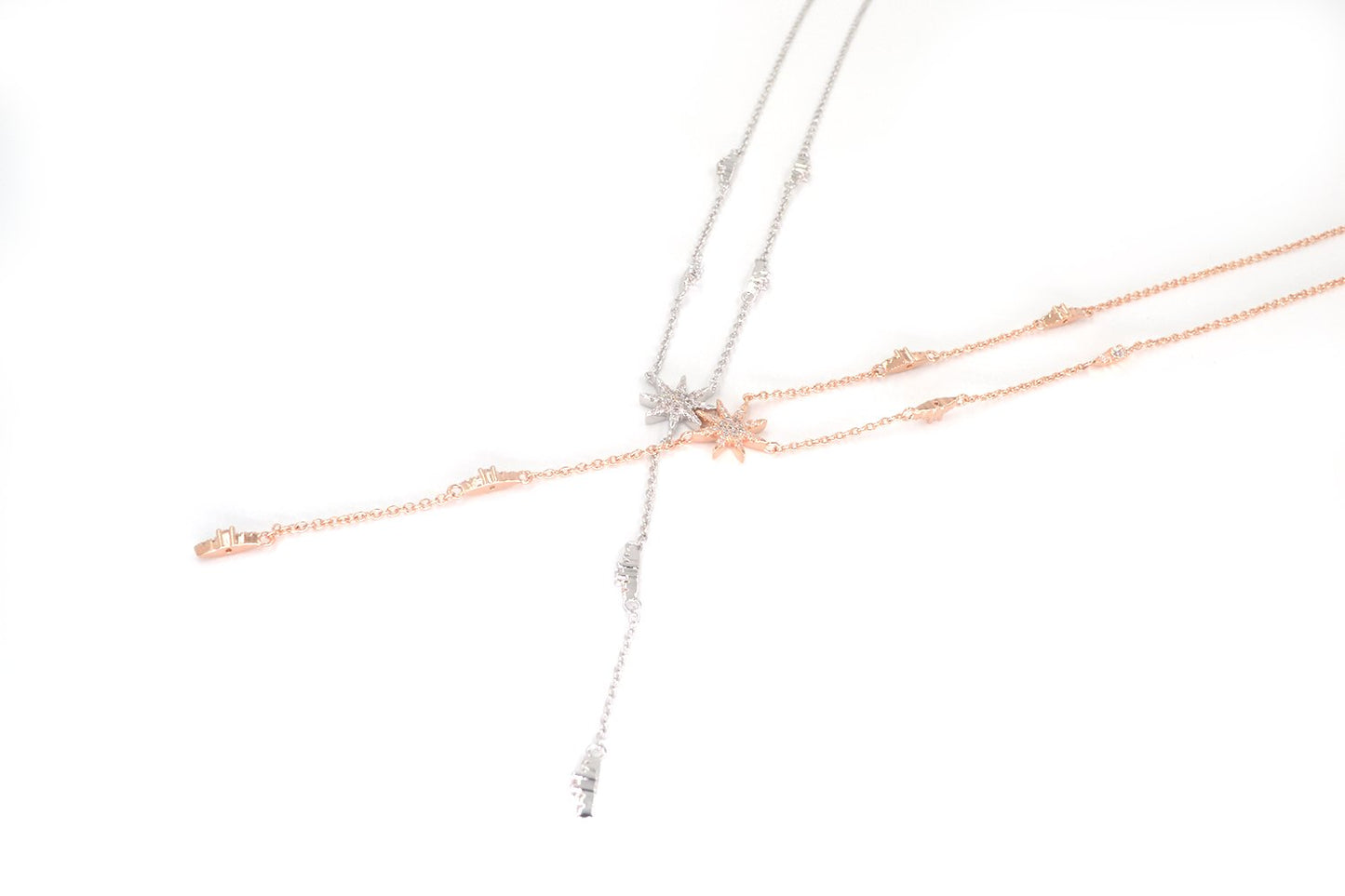 espere Star Drop Y Shaped Lariat Necklace Plated with 14K Rose Gold