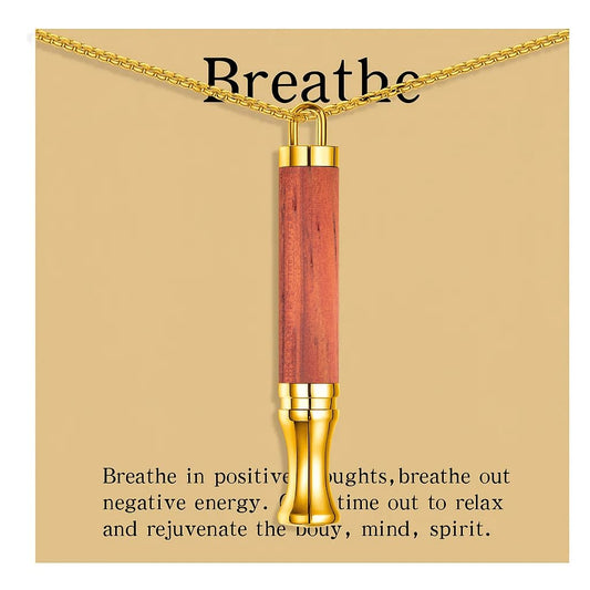 BOLAGTIER Mindful Breathing Necklace: Natural Wood Fidget Charm for Anxiety Relief & Quit Smoking Aid, Stainless Steel Sensory Pendant to Calm Your Mind (Gold)