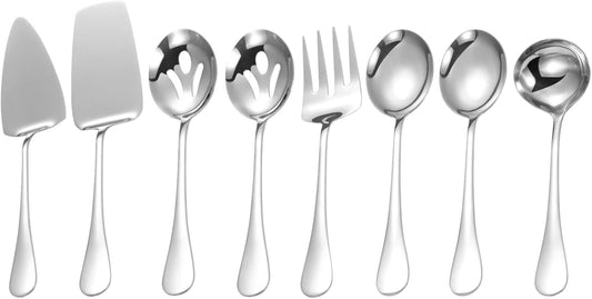Polished Stainless Steel Serving Utensils Set - 8-Piece Buffet Serving Set with Spoons, Fork, Ladle & More