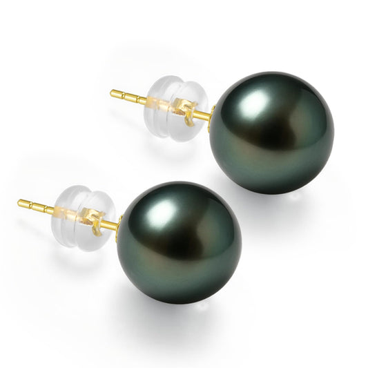 18K Solid Yellow Gold Genuine Tahitian Black Pearl Stud Earrings for Women, AAAA 8-9mm Seawater Pearls - Christmas Gift for Wife Mom Daughter Grandma, Women Jewelry for Wedding Anniversary Birthday