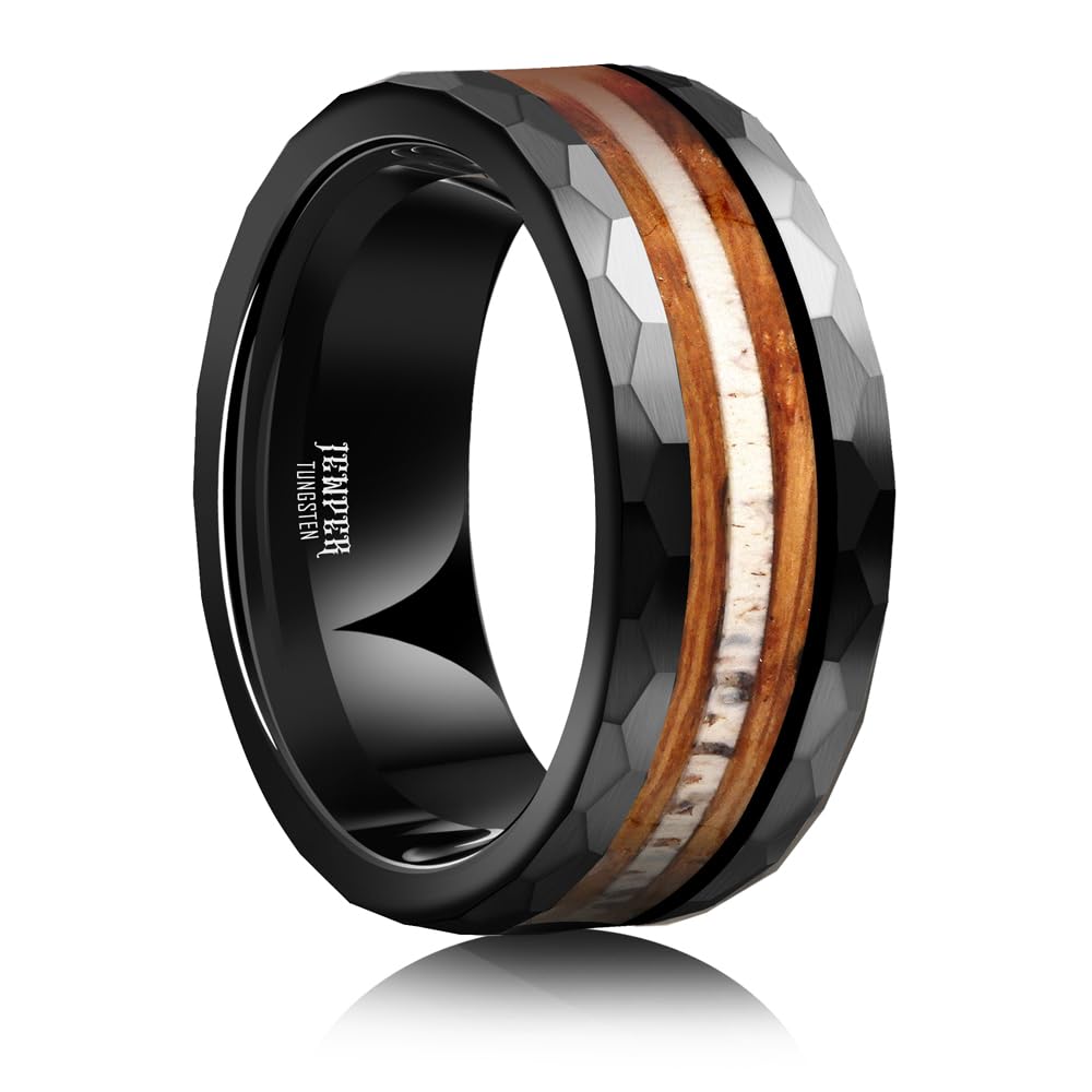 JEWPER 8mm Men Womens Wedding Band Tungsten Rings Black Hammer pattern Fashion Promise Carbide Inlaid Antlers Fire whiskey barrel wood Matte Finish Edge Comfort Fit Size(9)