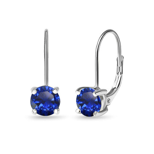 Blue Earrings for Women Sterling Silver 6mm Round Leverback Drop Synthetic Gemstone Sapphire Earring for Bridesmaids Gift Trendy Fashion