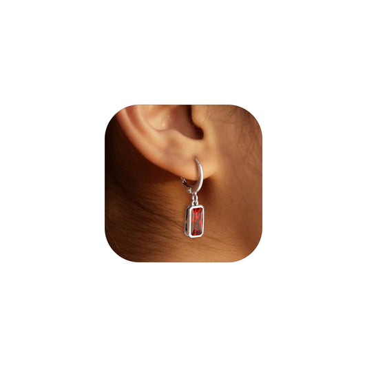 Bestyle Sterling Silver Rectangle July Birthstone Dangle Drop Earrings - Sparkle Ruby Red Drop Earrings for Women Dangling -Small Silver Huggie Hoop Earrings For Women | Trendy CZ Huggie Earrings