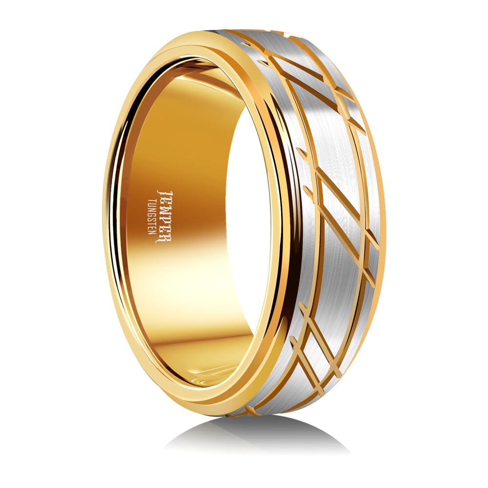 JEWPER 8mm Men Womens Wedding Band Tungsten Rings Gold Fashion Promise Carbide Silver brushed groove design on the outer ring Matte Finish Edge Comfort Fit size(9)