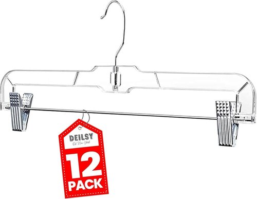 DEILSY™ Skirt Hangers - Non-Slip Pants Hangers with Adjustable Clips - Clear Plastic, Pack of 12