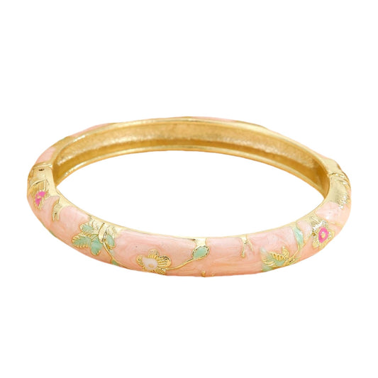 BlingNook Cloisonne Bracelet For Women, Chunky Bangle Trendy Cute Flower Enamel Bangles Multi Tone Engraved Cuff Gold Plated Bracelets Stackable Wife Jewelry Friendship Gift (Pink, One Size)