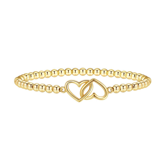Beaded Bracelets for Women 14K Silver Gold Plated Stretch Handmade Ball Bracelets Cute Charm Bracelet Dainty Stackable Cross Heart Bow Wave CZ Circle Trendy Jewelry Easter Gifts (double-heart)