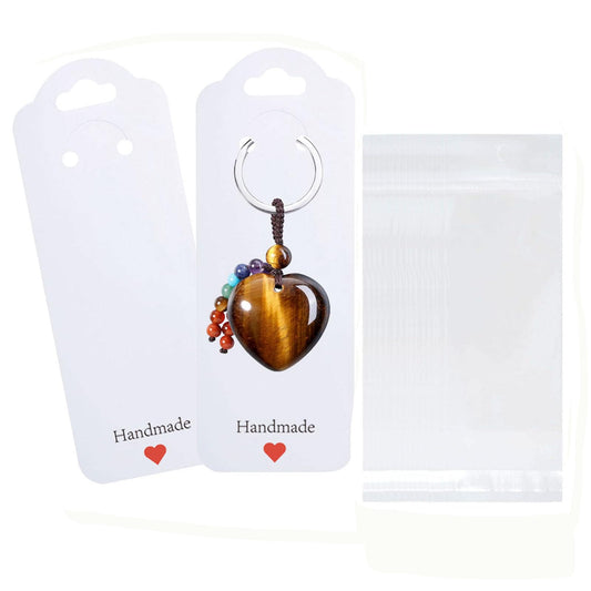 100PCS Keychain Display Cards with Clear Bags, 2.16'' x 6'' Handmade with Love Kraft Paper Jewelry Cards for Small Business Selling, Bulk Keychains Packaging Supplies (White)