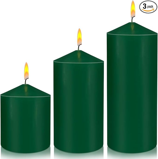 Pillar Candles 3 x 4, 6, and 8 inches, Large Handmade Candles Set of 3, Green Decorative Candles for Wedding, Home Decoration, Dinner, Church
