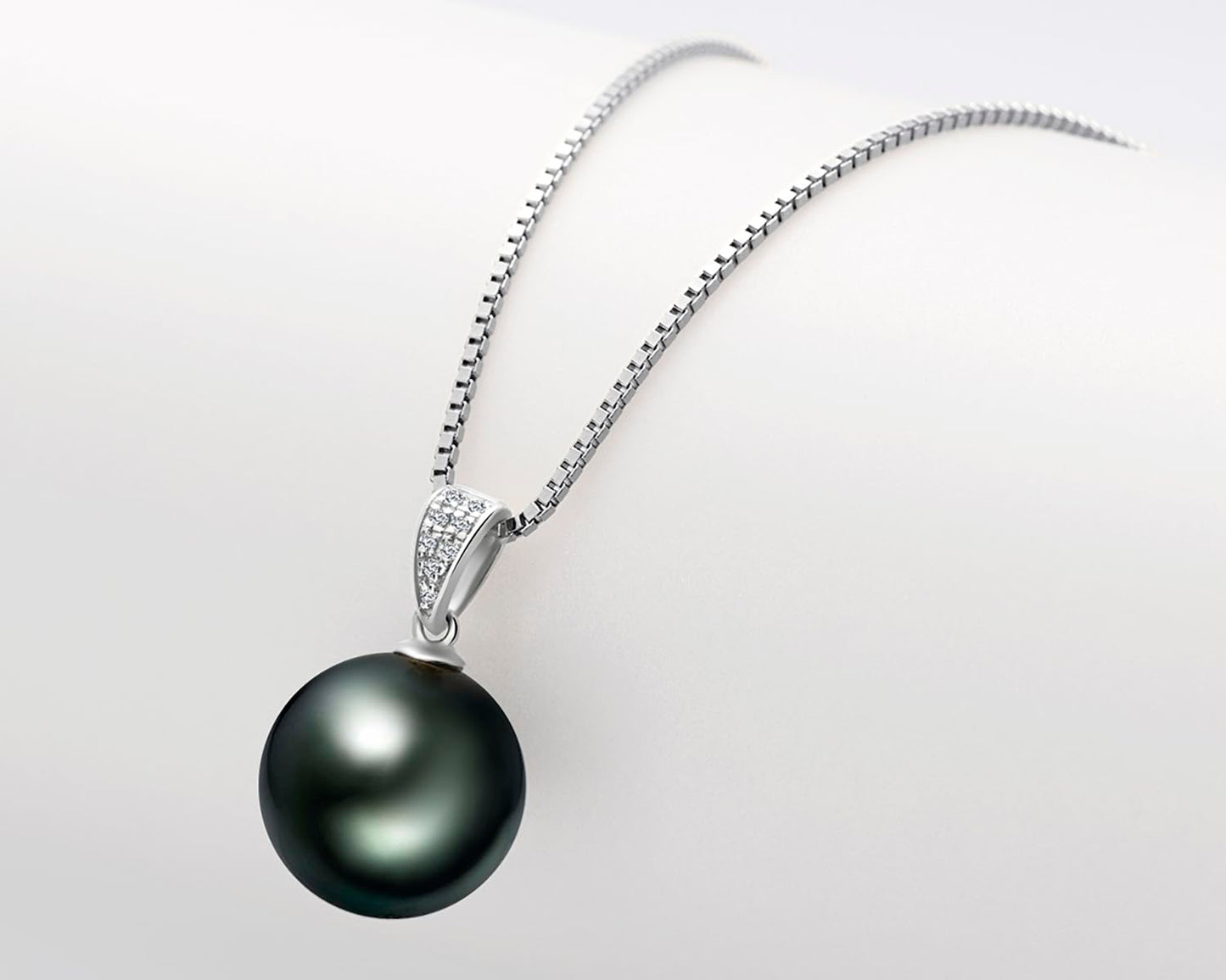 18K Gold Black Pearl Pendant Necklace with Diamond 10-11mm Genuine Tahitian Cultured Round Pearls Jewelry for Women with 18" Silver Chain - White Gold