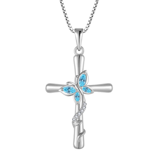 Blaniy Cross Necklace for Women 925 Sterling Silver Butterfly Necklace Aquamarine Pendant Necklaces March Birthstone Jewelry Gifts for Women