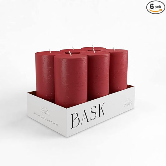Mottled Pillar Candles by Bask - Set of 6-3" x 6" Dripless Unscented Holiday Candles in Cranberry for Home Decor, Relaxation & All Occasions