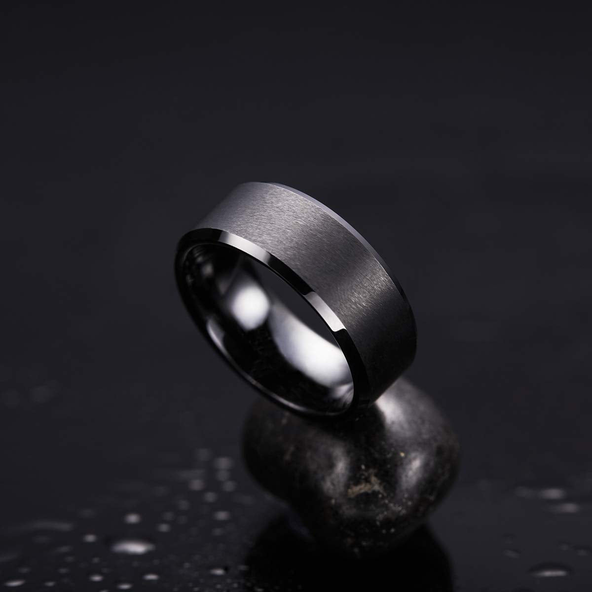 King Will 9mm Men's Black Wedding Ring - Brushed Matte Surface, Beveled Polished Edge, Comfort Fit Size 8