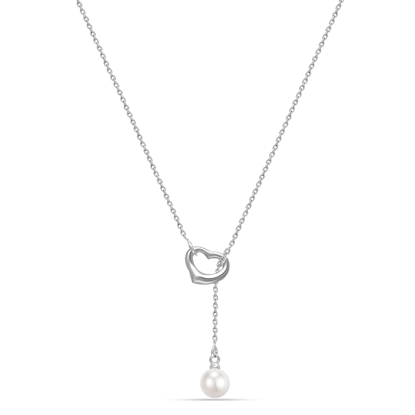 LeCalla 925 Sterling Silver Freshwater Pearl Heart Pendant Necklace Open Heart Lariat Necklace Pendant with Cable Chain for Women 24 Inches