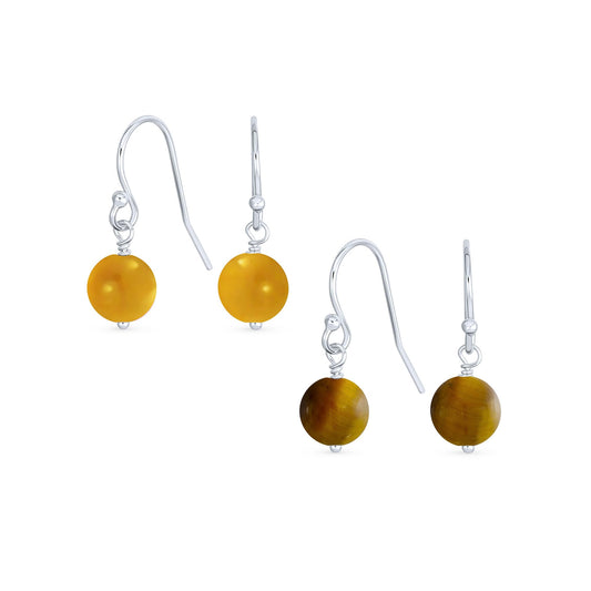 Bling Jewelry .925 Sterling Silver Yellow Agate Brown Tiger Eye Bead 8mm Dangle Ball Drop Earrings For Women French Fish Hook Wire (Set of 2)