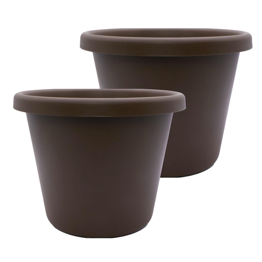 The HC Companies 11.5 Inch Classic Round Planter Pots with Drainage, Rolled Rim Plastic Planters for Indoor & Outdoor Plants, 2-Pack Decorative Flower Pots for Garden, Office & Home Decor, Chocolate