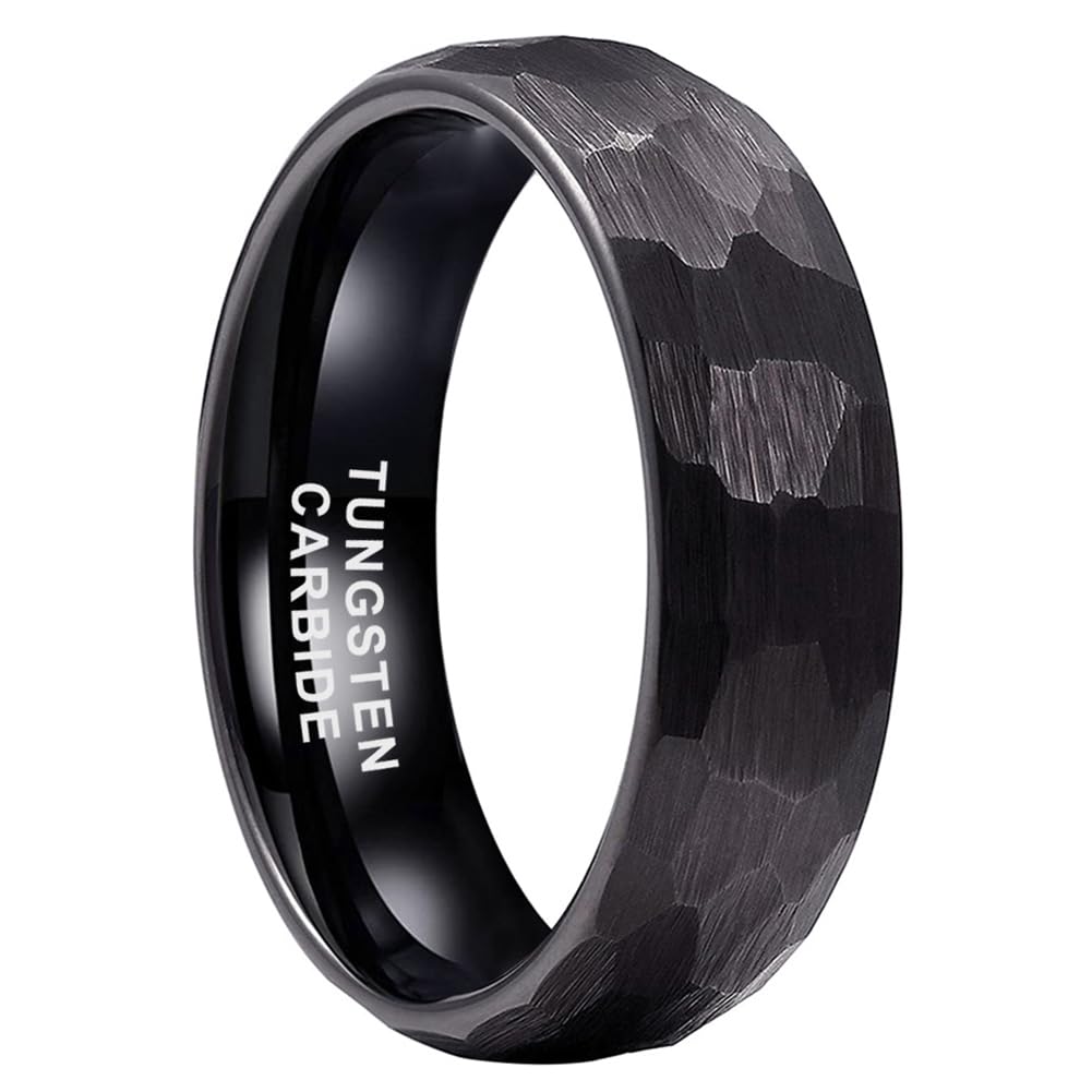 TUTISS 6mm Black Hammered Tungsten Rings for Men Women Fashion Engagement Wedding Bands Domed Matte Finish Comfort Fit Size 6