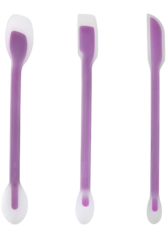 Silicone Dual-Ended Spatula Spoon Set of 3 – Long Handle Jar Scraper & Measuring Spoon with Scale (1 Tbsp, 1 Tsp, 1/2 Tsp) – for Jam, Baking, Cooking, Peanut Butter (purple)