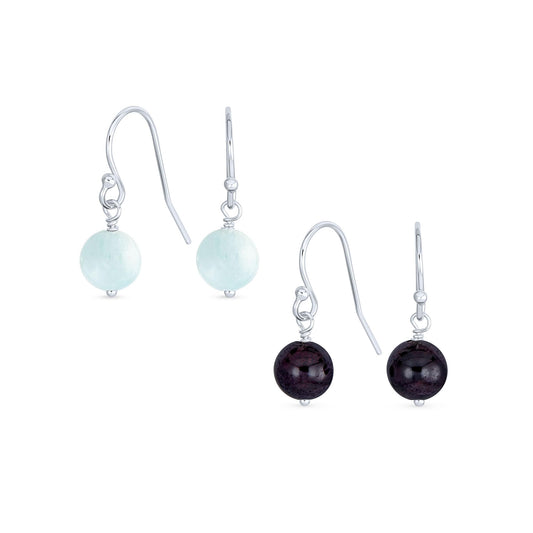 Bling Jewelry Timeless .925 Sterling Silver Blue Aquamarine and Dark Purple Amethyst Bead 8mm Ball Drop Earrings Fish Hook Genuine Gemstone (Set of 2)