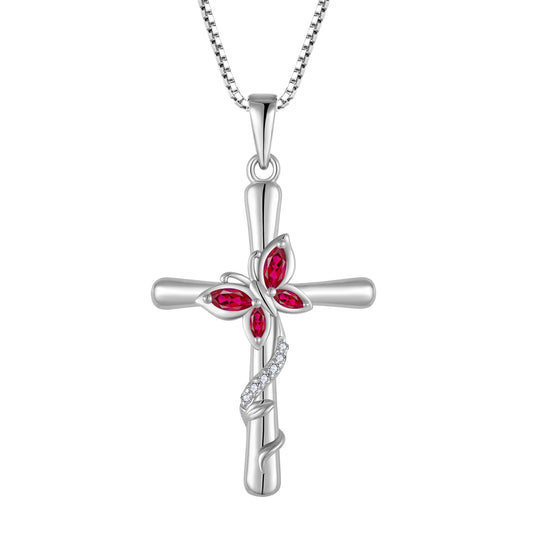 Blaniy Cross Necklace for Women 925 Sterling Silver Butterfly Necklace Ruby Pendant Necklaces July Birthstone Jewelry Gifts for Women