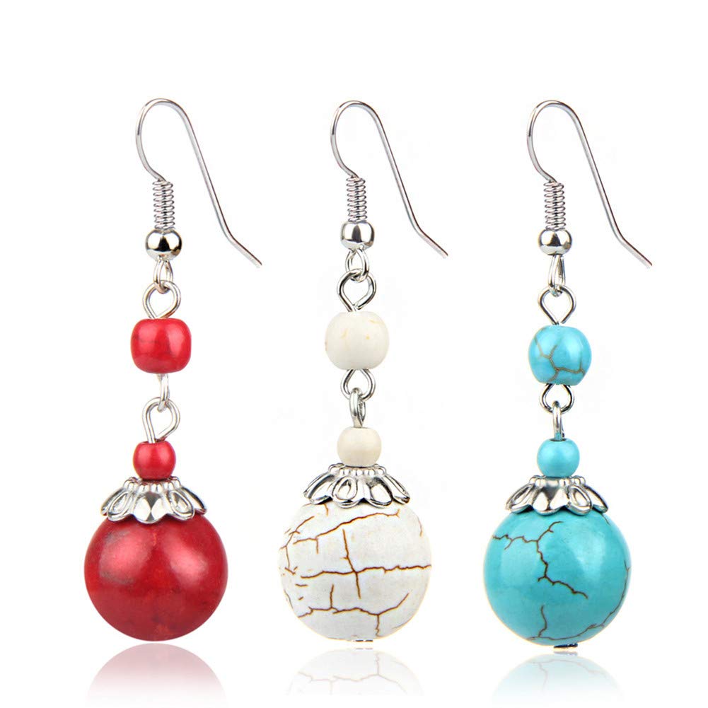 Double Turquoise Drop Earrings Natural Stone Round Bead Ball Dangle Earrings for Women Fashion Jewelry Gift (L:white)