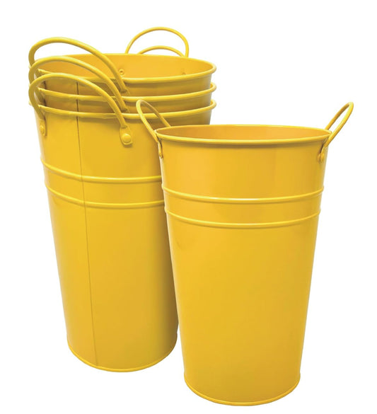 DAHO 4 Pack 9 Inch Tall Metal Planters with Handles, Flower Vases, Farmhouse Rustic Buckets for Home Decor, Garden, Patio, Party, Wedding Decorations, Farmhouse (Yellow, 9.06")
