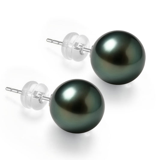 18K Solid White Gold Genuine Tahitian Black Pearl Stud Earrings for Women, AAAA 8-9mm Seawater Pearls - Christmas Gift for Wife Mom Daughter Grandma, Women Jewelry for Wedding Anniversary Birthday
