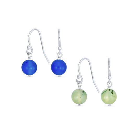Bling Jewelry Timeless .925 Sterling Silver Blue Agate & Light Green Prehnite Amethyst Bead 8mm Ball Drop Earrings Fish Hook Genuine Gemstone (Set of 2)