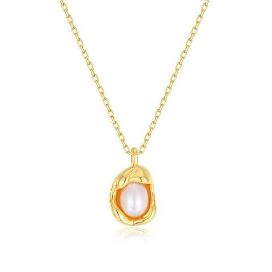 18K Gold Plated Pearl Pendant Necklace, Stainless Steel Gold Nugget Necklace with Freshwater Pearl, White Fritillaria - Trendy Jewelry