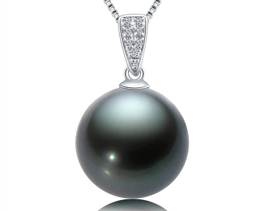18K Gold Black Pearl Pendant Necklace with Diamond 10-11mm Genuine Tahitian Cultured Round Pearls Jewelry for Women with 18" Silver Chain - White Gold