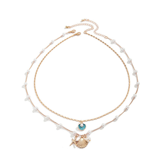 Boho Starfish Seashell Layered Necklace Gold Silver Plated Dainty Charm Double Layer Sea Shell Lucky Stars Ocean Animal Chain Necklace for Women Hawaiian Summer Beach Vacation Jewelry Gifts (Blue)