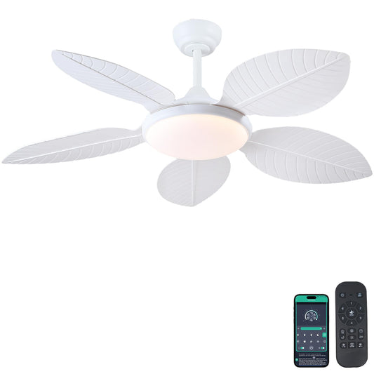 Wiviniya 48 Inch Tropical Ceiling Fans with Lights, Palm Leaf Outdoor Ceiling Fan with Light for Patios Porch Bedroom Living Room, Remote/APP Control, Reversible Quiet DC Motor, Dimmable LED, White