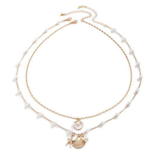 Boho Starfish Seashell Layered Necklace Gold Silver Plated Dainty Charm Double Layer Sea Shell Lucky Stars Ocean Animal Chain Necklace for Women Hawaiian Summer Beach Vacation Jewelry Gifts (White)