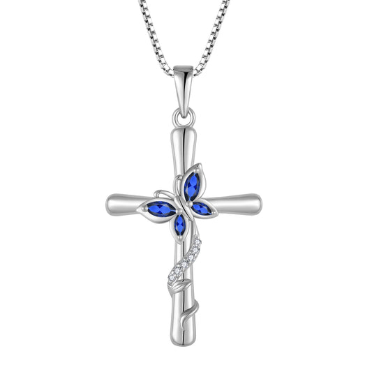 Blaniy Cross Necklace for Women 925 Sterling Silver Butterfly Necklace Sapphire Pendant Necklaces September Birthstone Jewelry Gifts for Women