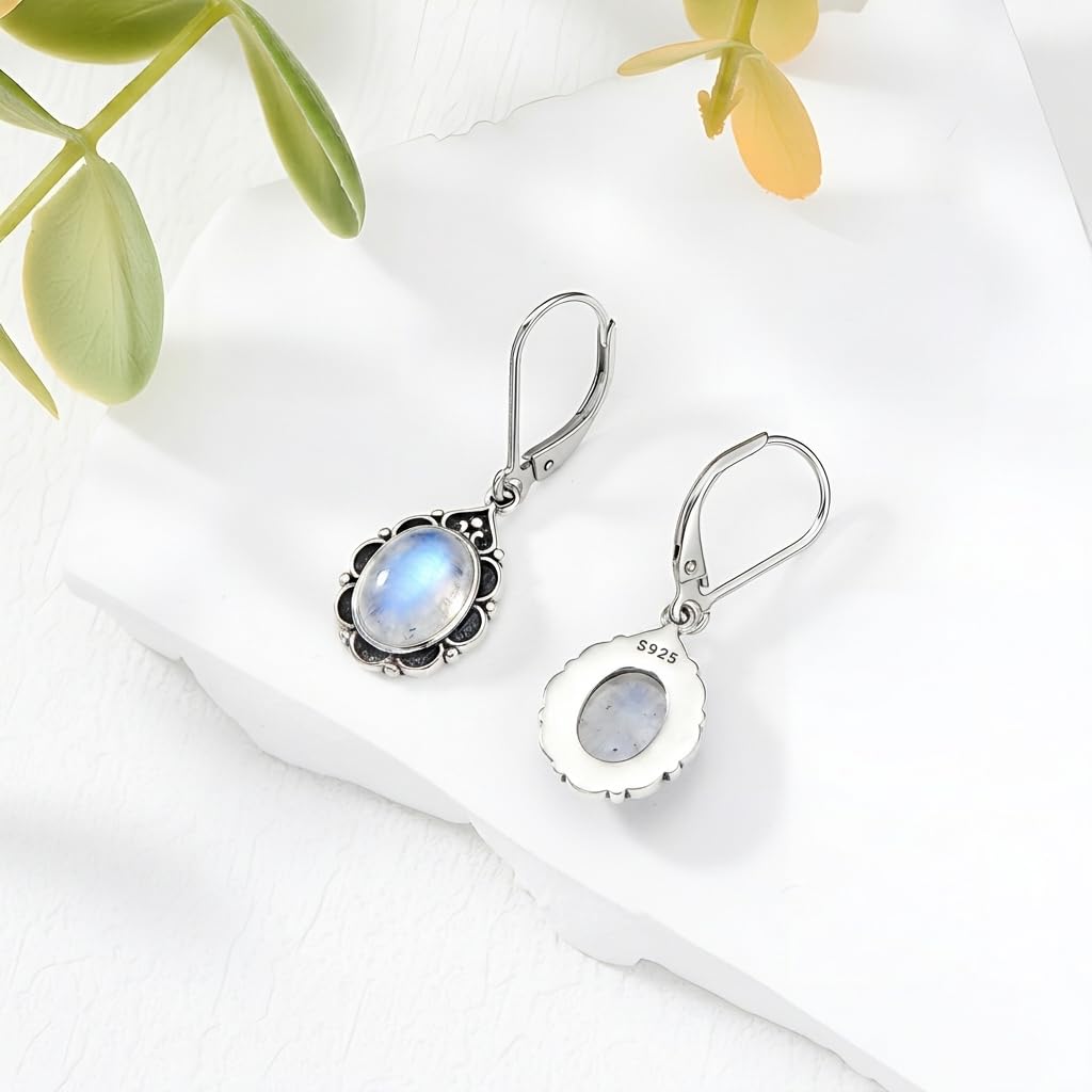 Moonstone Drop Earrings for Women 925 Sterling Silver Vintage Oval 9x7mm Filigree Leverback Dangle Earrings, Gothic Victorian Antique Jewelry Gifts