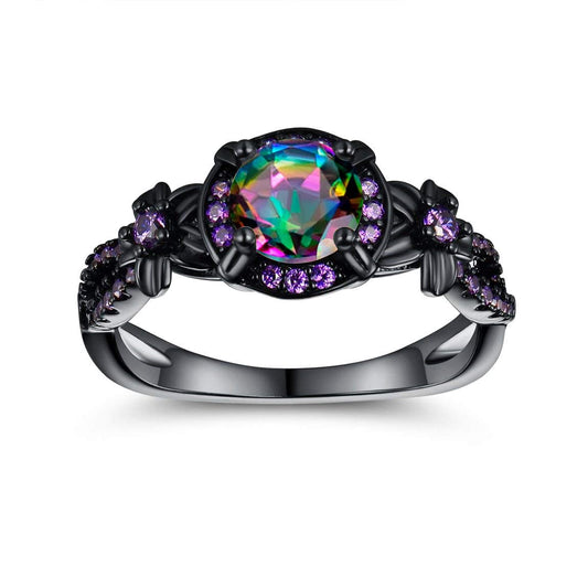 Black Rings for Women,Eternity Rings Rainbow CZ Created Amethyst Gemstone Wedding Engagement Band for Bride Dainty Jewelry Gifts (7)