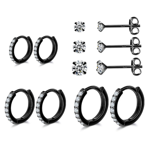 Black Hoop Earrings Sterling Silver Stud Earrings for Men Women 6 Pairs Hypoallergenic Tiny Cubic Zirconia Stud Set Cartilage Hoops 6mm 8mm 10mm