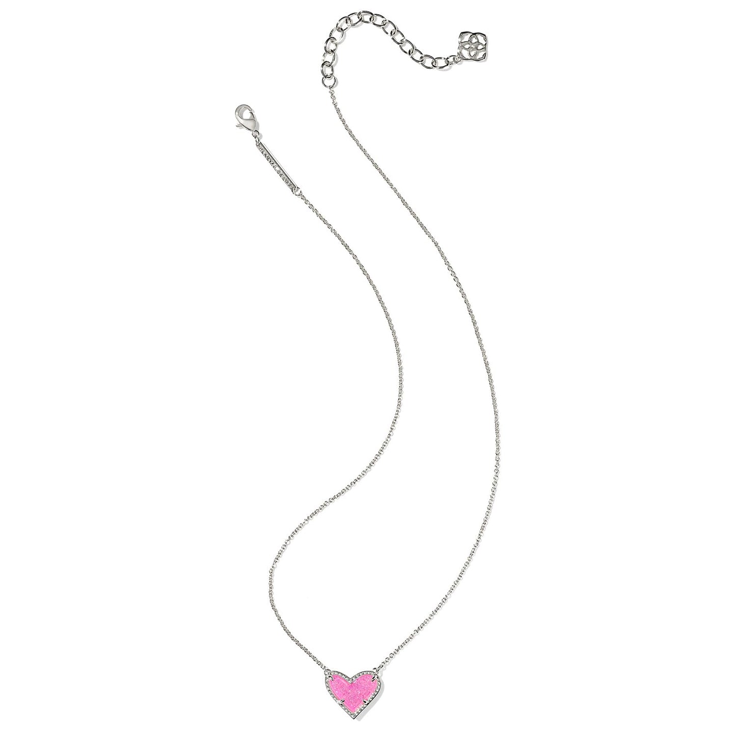 Kendra Scott Ari Heart Pendant Necklace, Rhodium-Plated Brass, Fashion Jewelry for Women, Hot Pink Drusy