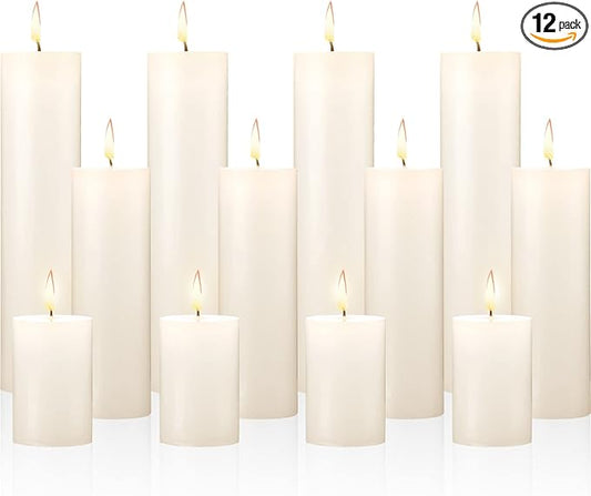 Nuogo 12 pcs Ivory Pillar Candles Dripless Unscented Candles Paraffin Wax Tall Tapers for Wedding Spa Birthday Holiday Bath Party Restaurant Home