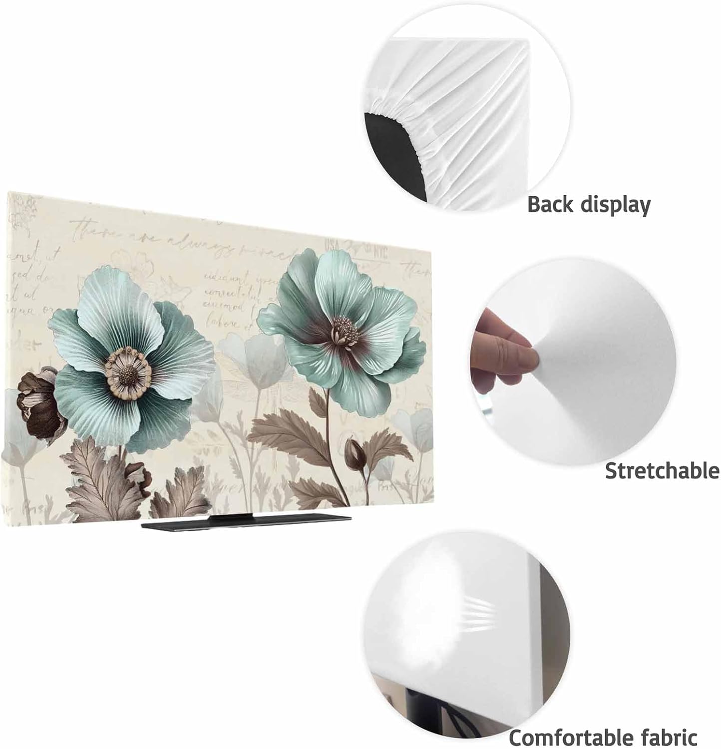 Yukro 85 Inch, 74"x42" Victorian Style Indoor TV Dust Cover, Vintage Blue Flowers Broccoli Elastic TV Dustproof Cover