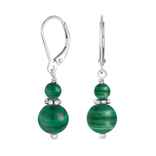 Bling Jewelry Bali Style .925 Sterling Silver Green Malachite Bead 3MM & 8mm Balls Drop Earrings Milgrain Rondel Separator Lever Back Genuine Gemstone