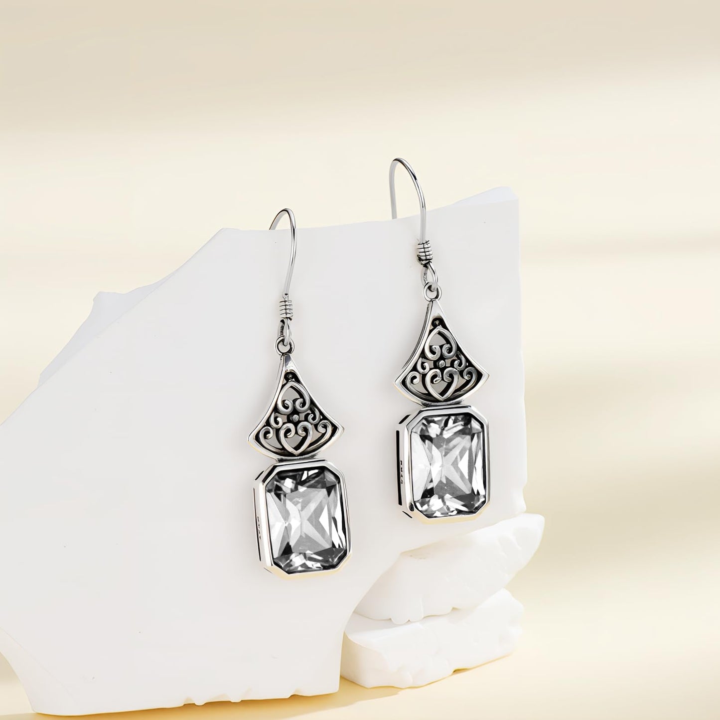 Vintage Earrings 925 Sterling Silver Oxidized Dangle Drop Earrings with Emerald Cut White Crystal April Birthstone Anniversary Jewelry Gifts for Women