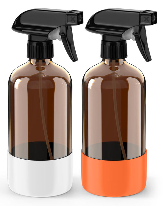 Bontip Glass Spray Bottle with Silicone Sleeve Protection, Amber Glass Spray Bottle Set for Window Cleaner Aromatherapy Facial Hydration Watering Flowers Hair Care 2 Pack/16 oz (White & Orange, 16 oz)