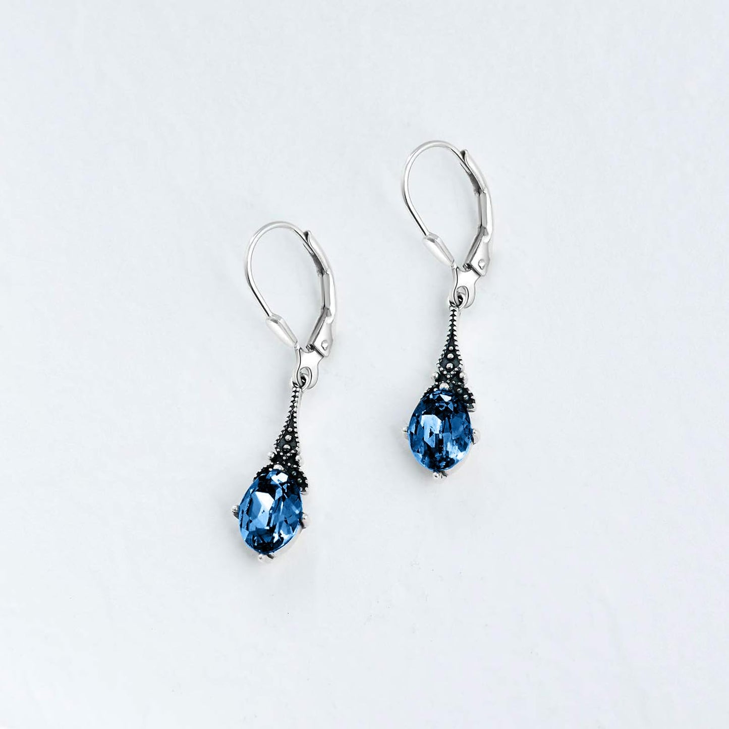 London Blue Earrings 925 Sterling Silver Vintage Retro Leverback Dangle Drop Earrings with Simulated Topaz Birthstone Crystals, Birthday Jewelry Gifts for Women