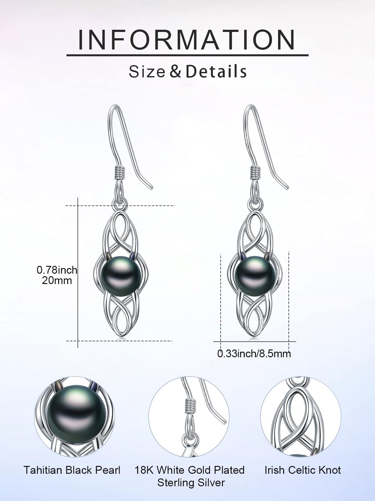 KANNSOAR Tahitian Black Pearl 18K AAAA White Gold Plated Sterling Silver Celtic Knot Dangle Drop Earrings for Women Wife Mom Girlfriend Her Jewelry Gift for Anniversary Birthday Christmas